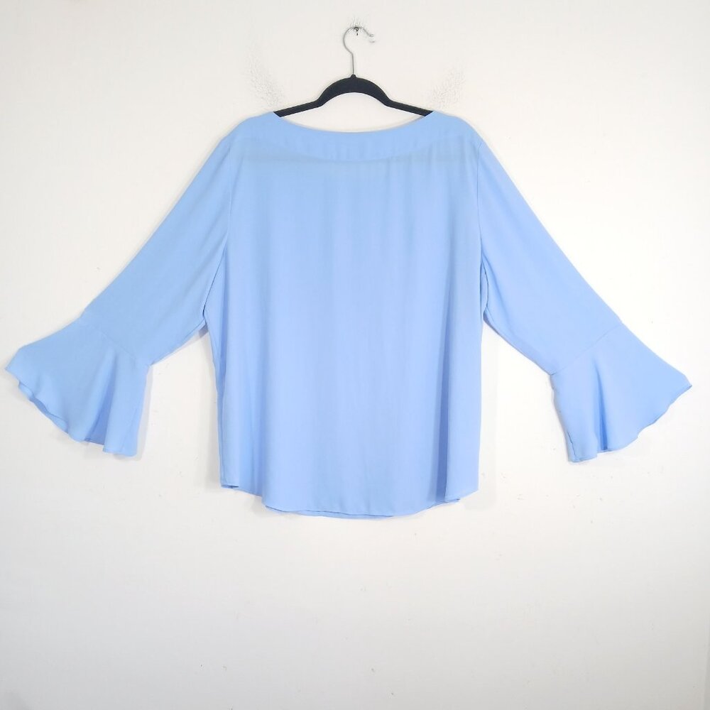 Ann Taylor Blouse XL Blue Long Bell Sleeves Chiffon Lightweight Top - Picture 2 of 8